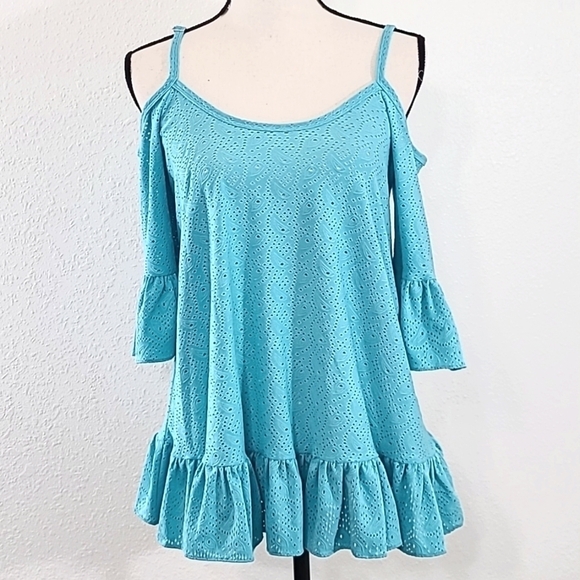 *NWT* MICHAEL MICHAEL KORS Turquoise/Light Blue Cold Shoulder Ruffle Top, size S - Picture 2 of 8